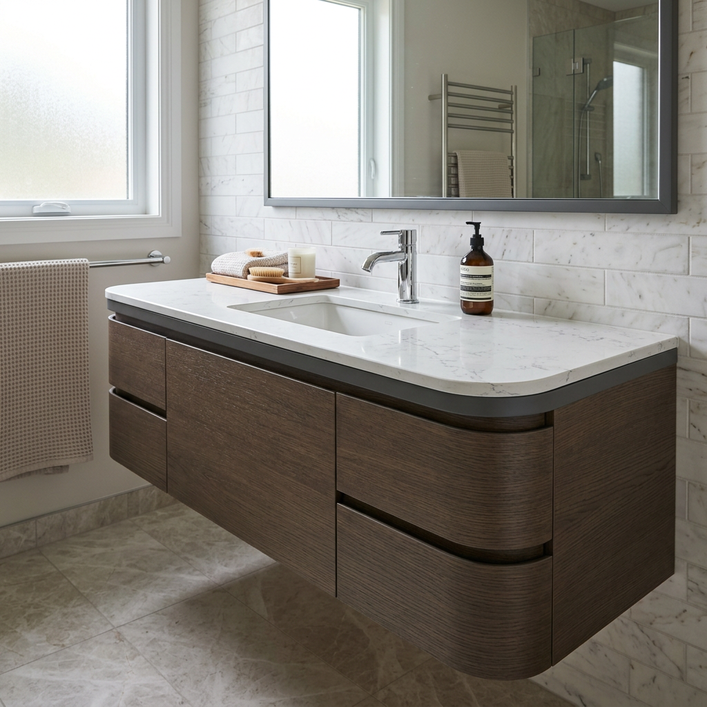 Bathroom vanity cabinets with moisture-resistant edge banding