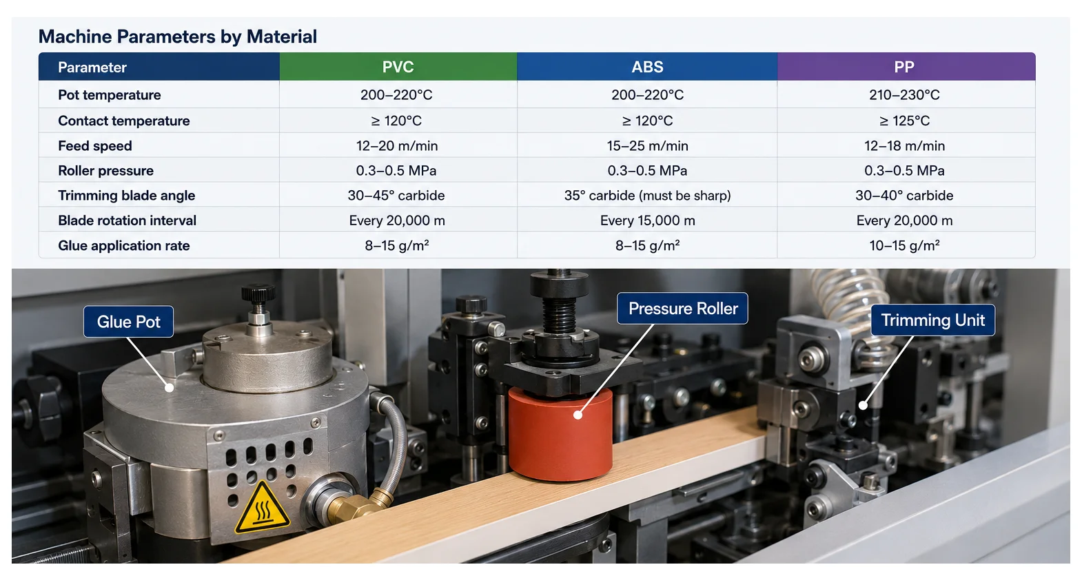 Edge banding machine close-up showing glue pot and pressure roller area