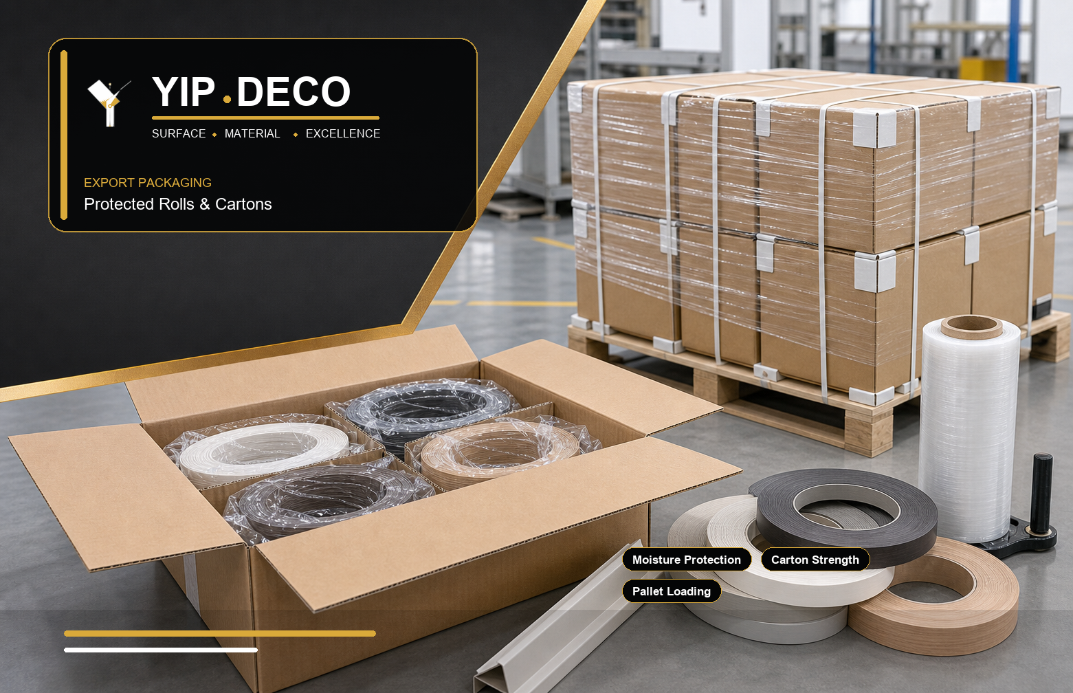 YipDeco edge banding export packaging with protected rolls and cartons