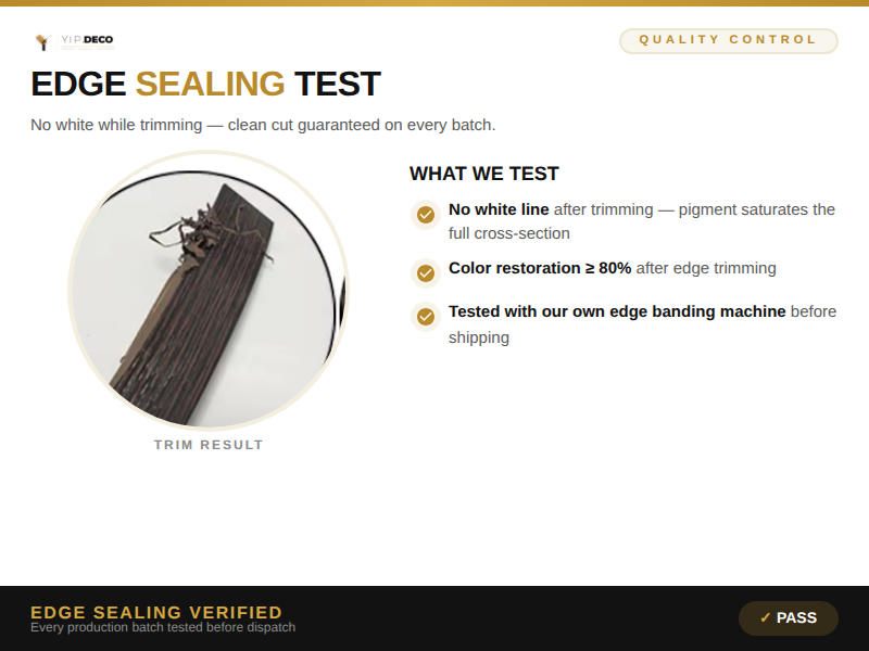 Edge sealing test showing clean trimming result with no white line