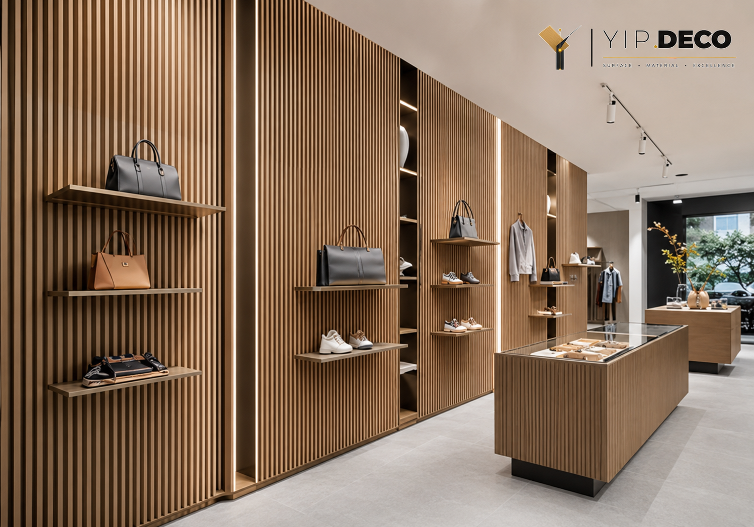 Retail store interior with grille wall panels creating rhythm and visual depth