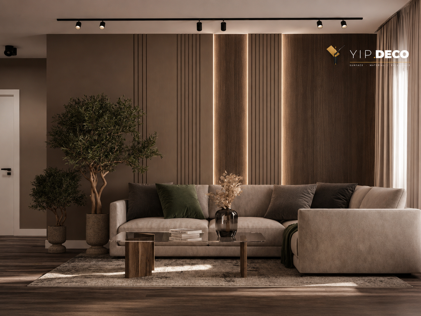 Architectural feature wall with fluted panels and matching mouldings in residential living room