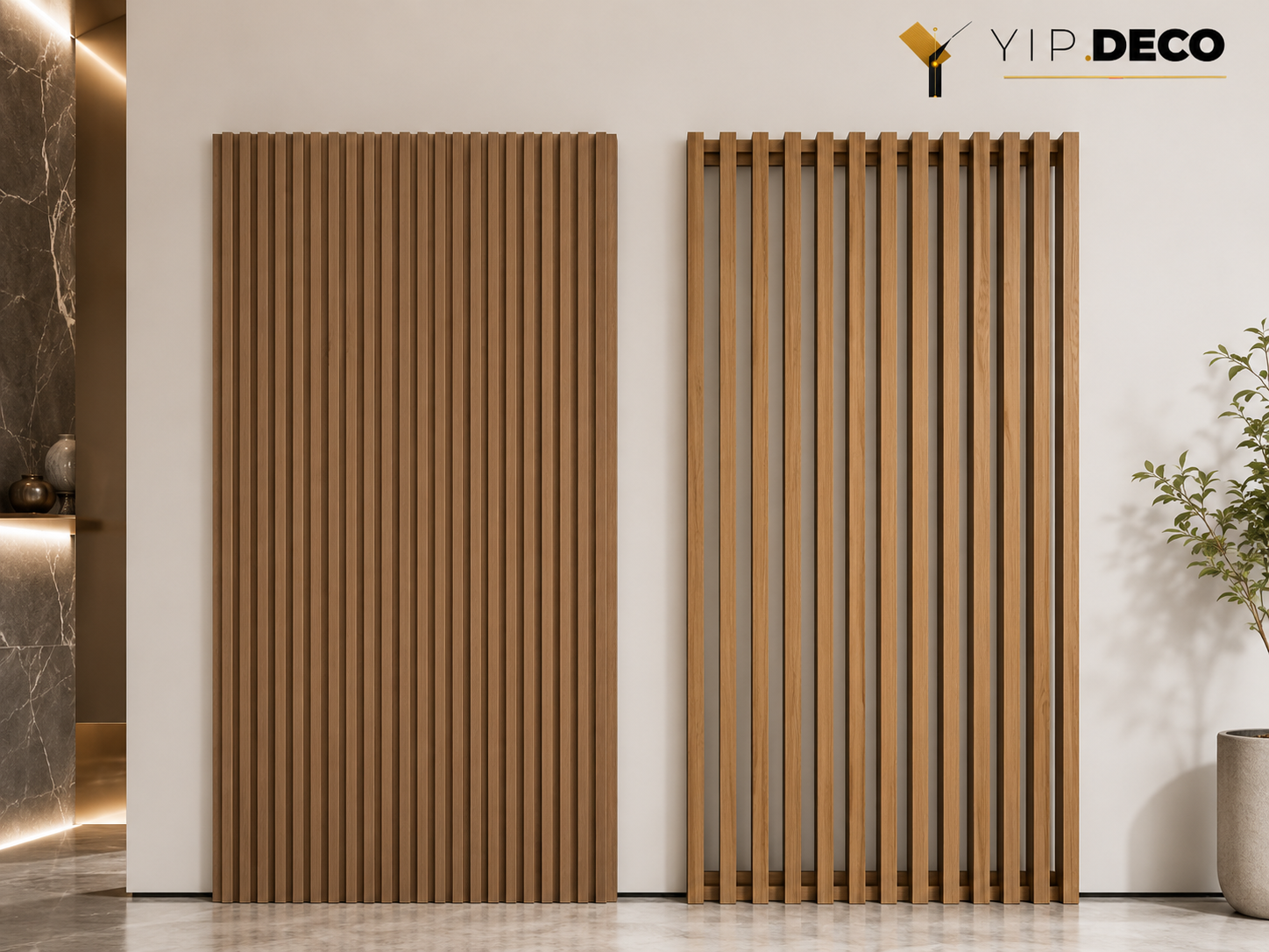 Fluted wall panel and open grille panel shown side by side for comparison