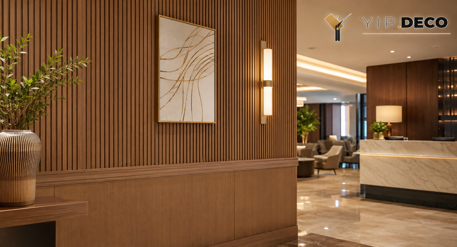 Hotel lobby with grille panels and waist moulding in a warm wood finish
