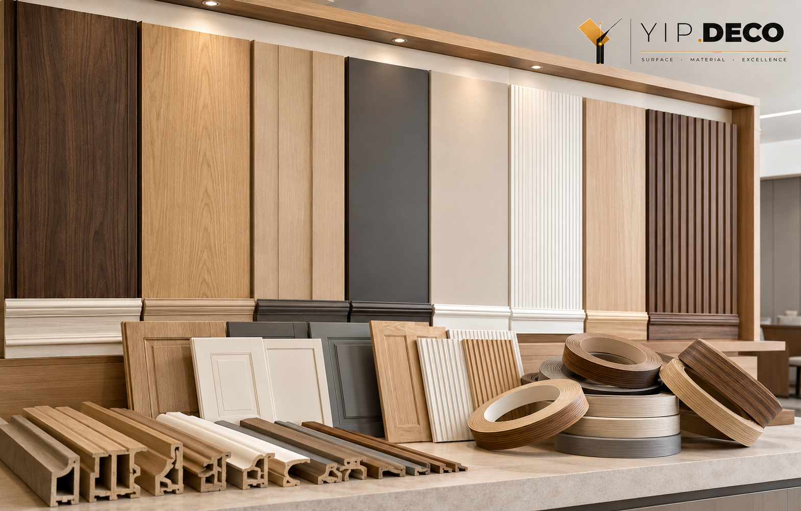 Color-matched wall panels, mouldings and edge banding from one library