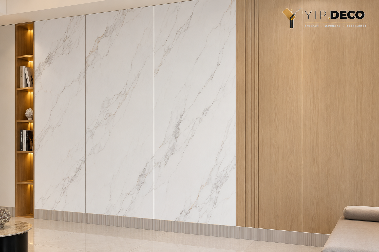 PVC flat panels with marble and wood looks installed on an interior wall