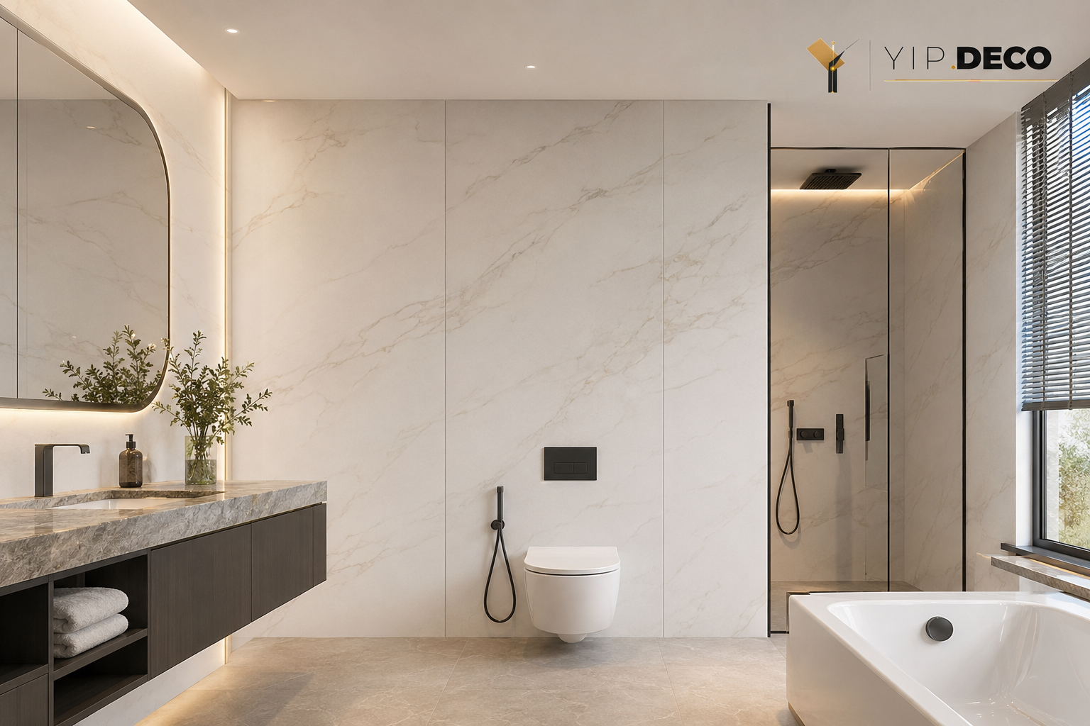 SPC wall panels with continuous-grain PET surface in a bathroom setting