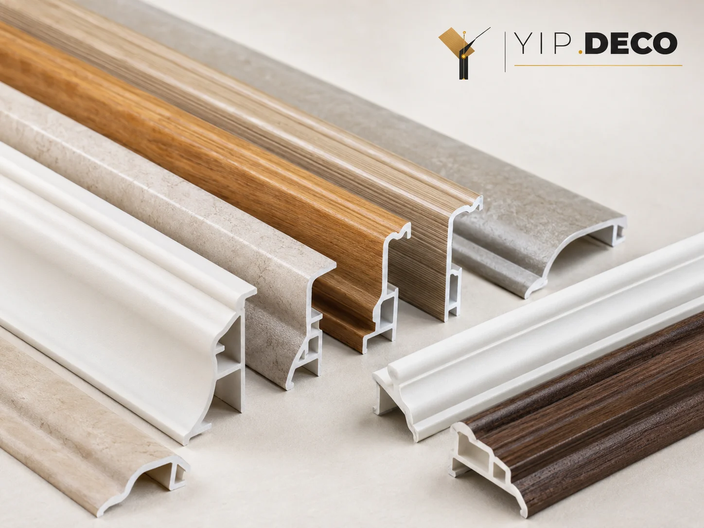 Range of PVC corner, top and waist moulding profiles shown in macro detail