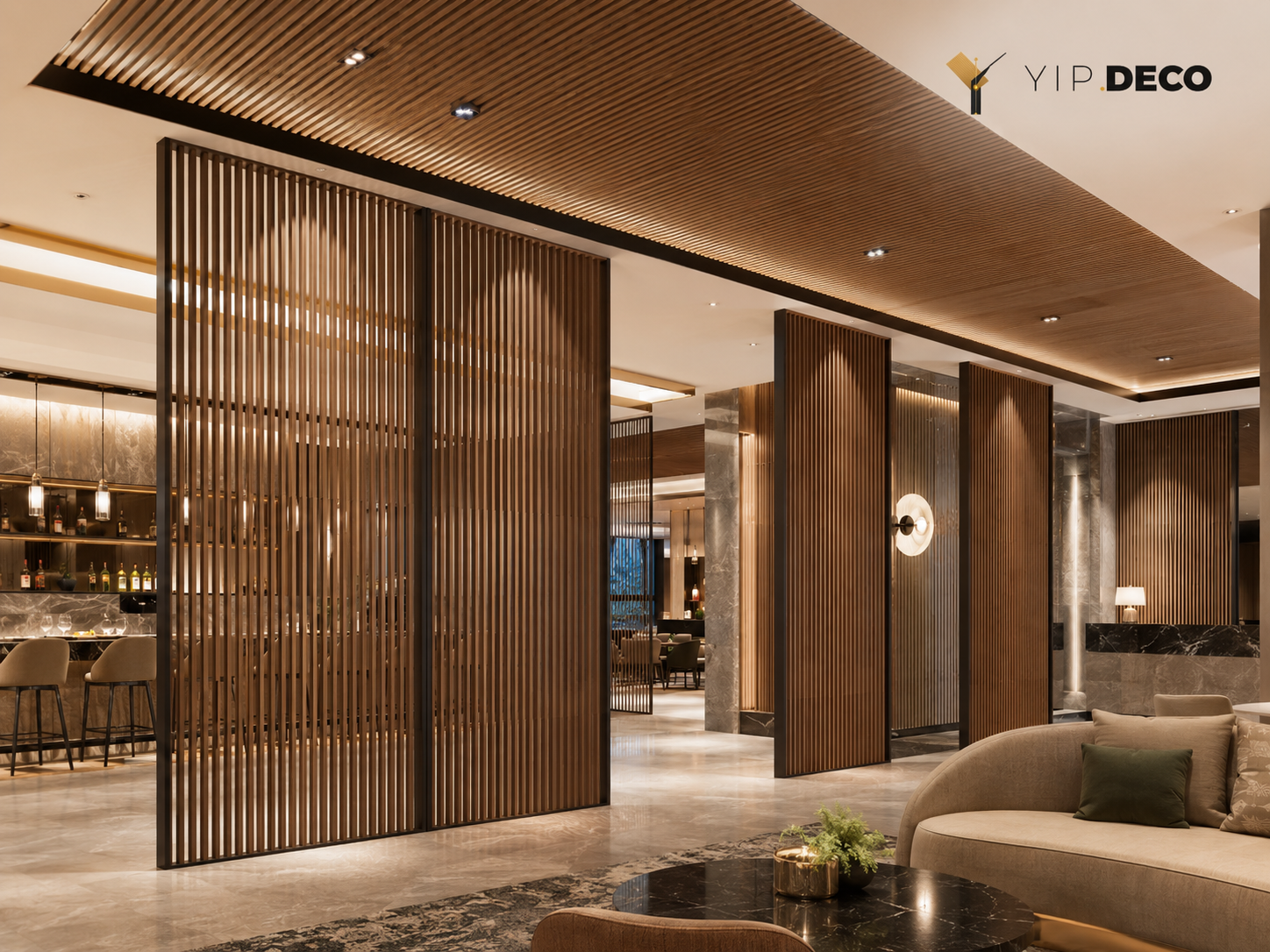 Grille panels used as a room divider and ceiling feature in a hospitality project