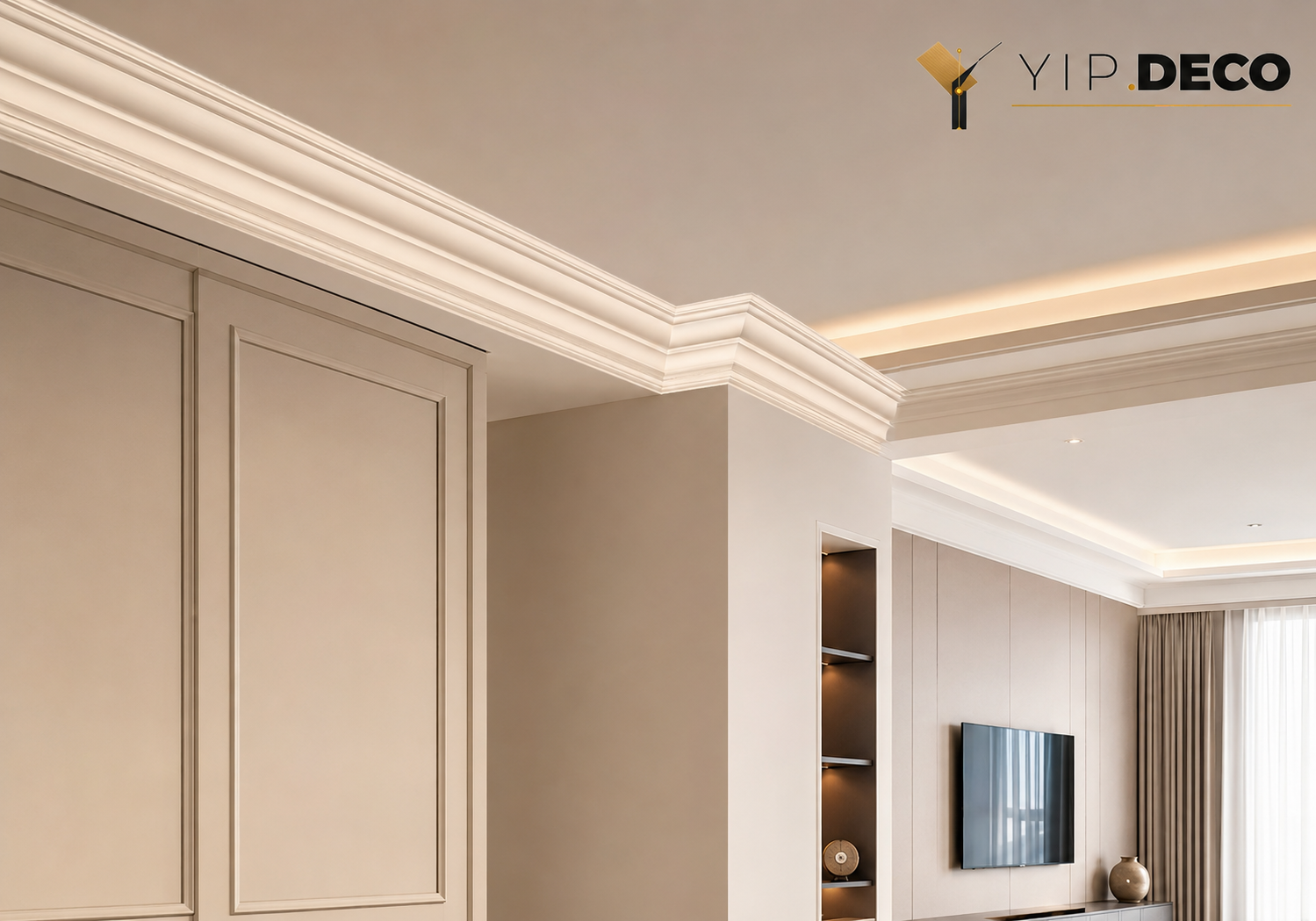 Crown moulding installed at ceiling transition in a modern apartment