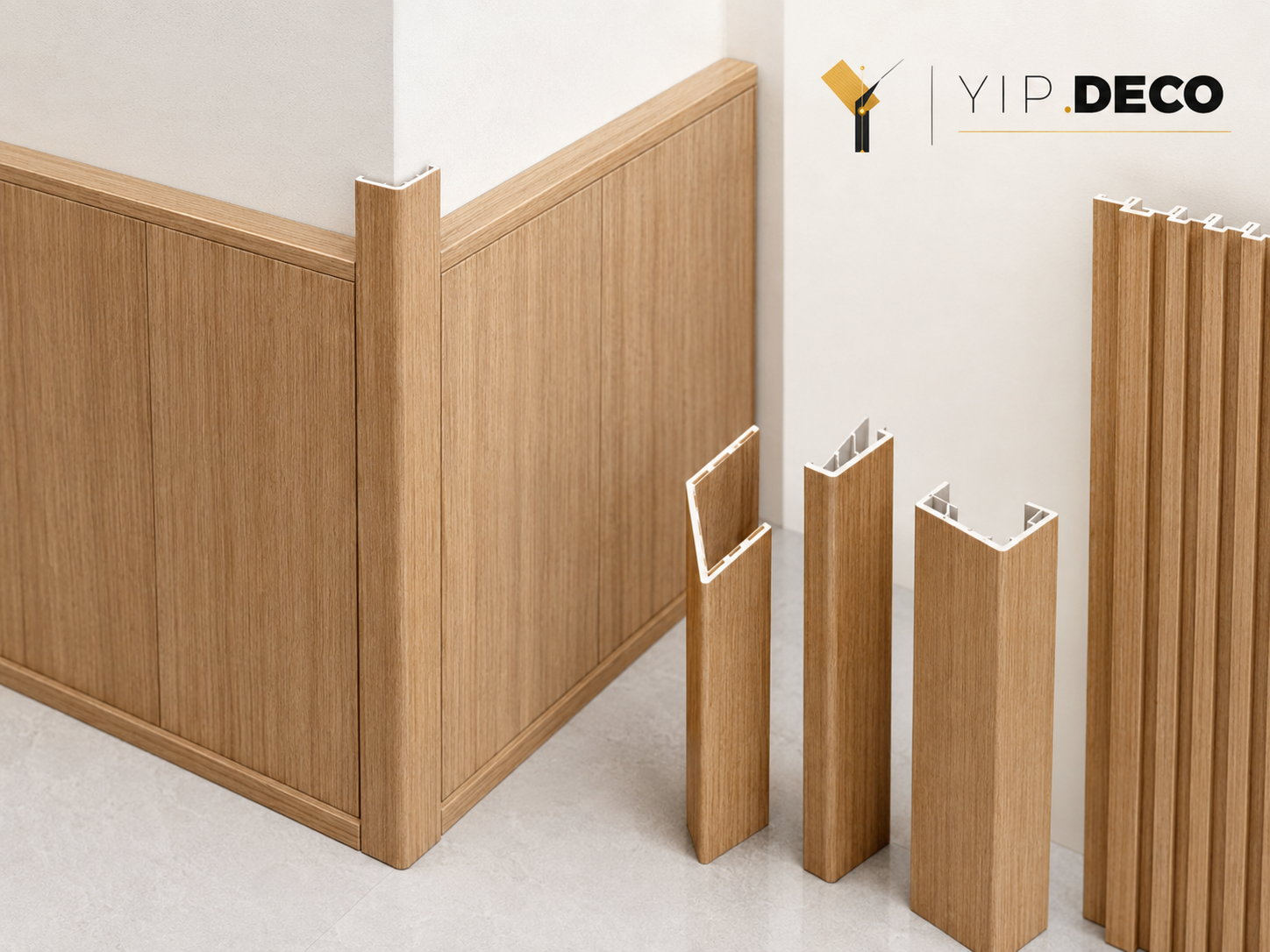 Corner moulding profiles for inside and outside wall corners in matching wood finish