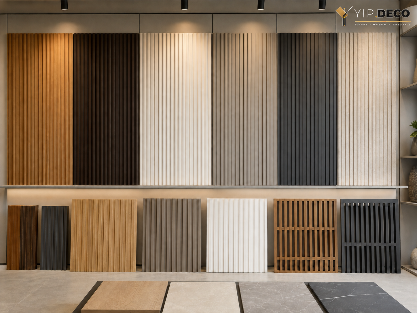 Fluted and grille panels displayed in matte, wood and stone finishes across multiple colors