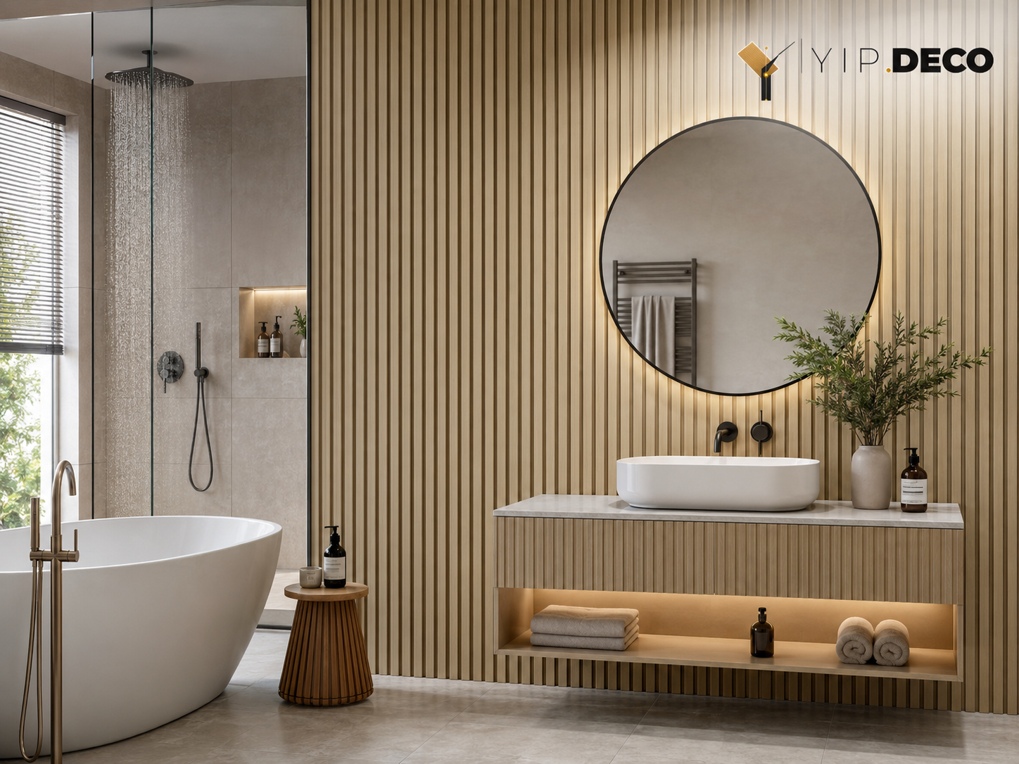 Fluted PVC wall panel used in a modern bathroom as a waterproof feature wall