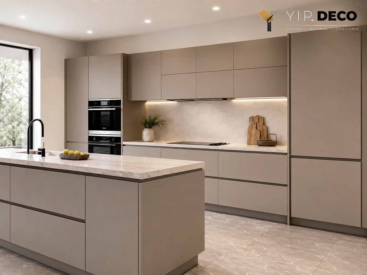 Modern kitchen cabinets with matched edge banding and panel surfaces