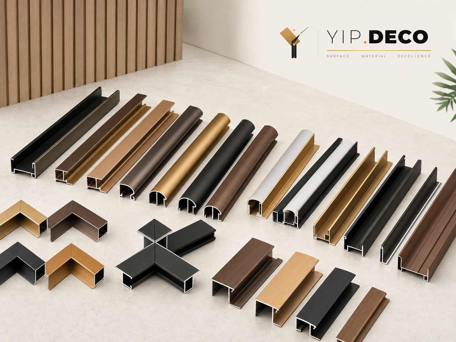 Aluminum connectors, corner fittings and LED light-strip profiles for wall panels