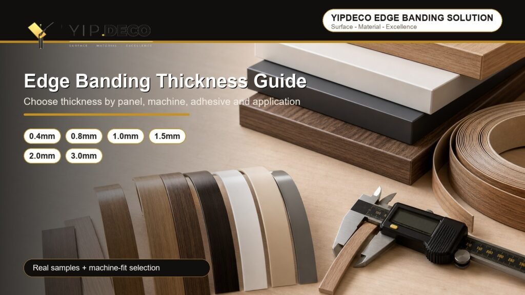 Real edge banding thickness samples with furniture panels and caliper by YipDeco