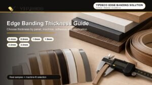 Real edge banding thickness samples with furniture panels and caliper by YipDeco