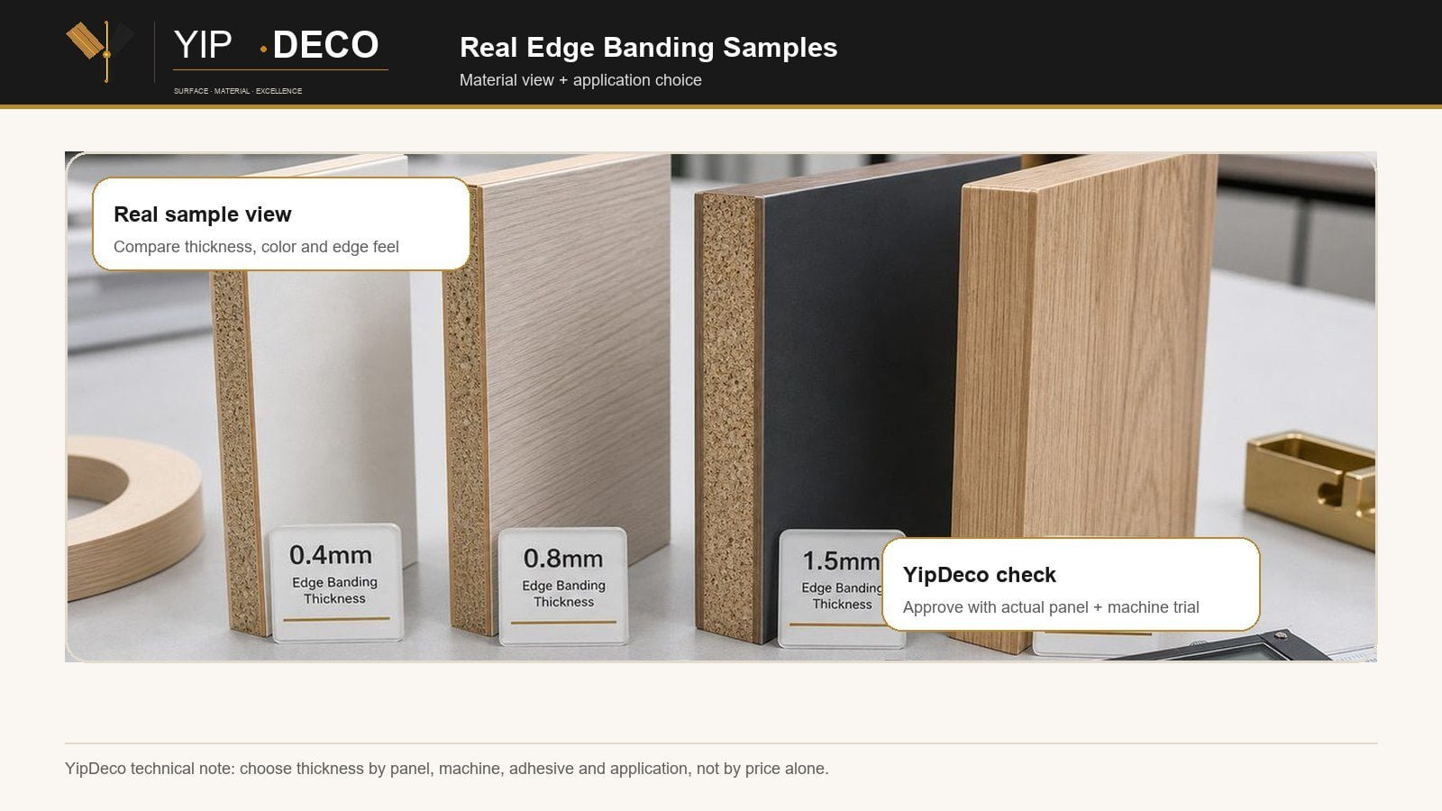 YipDeco real edge banding samples for thickness comparison
