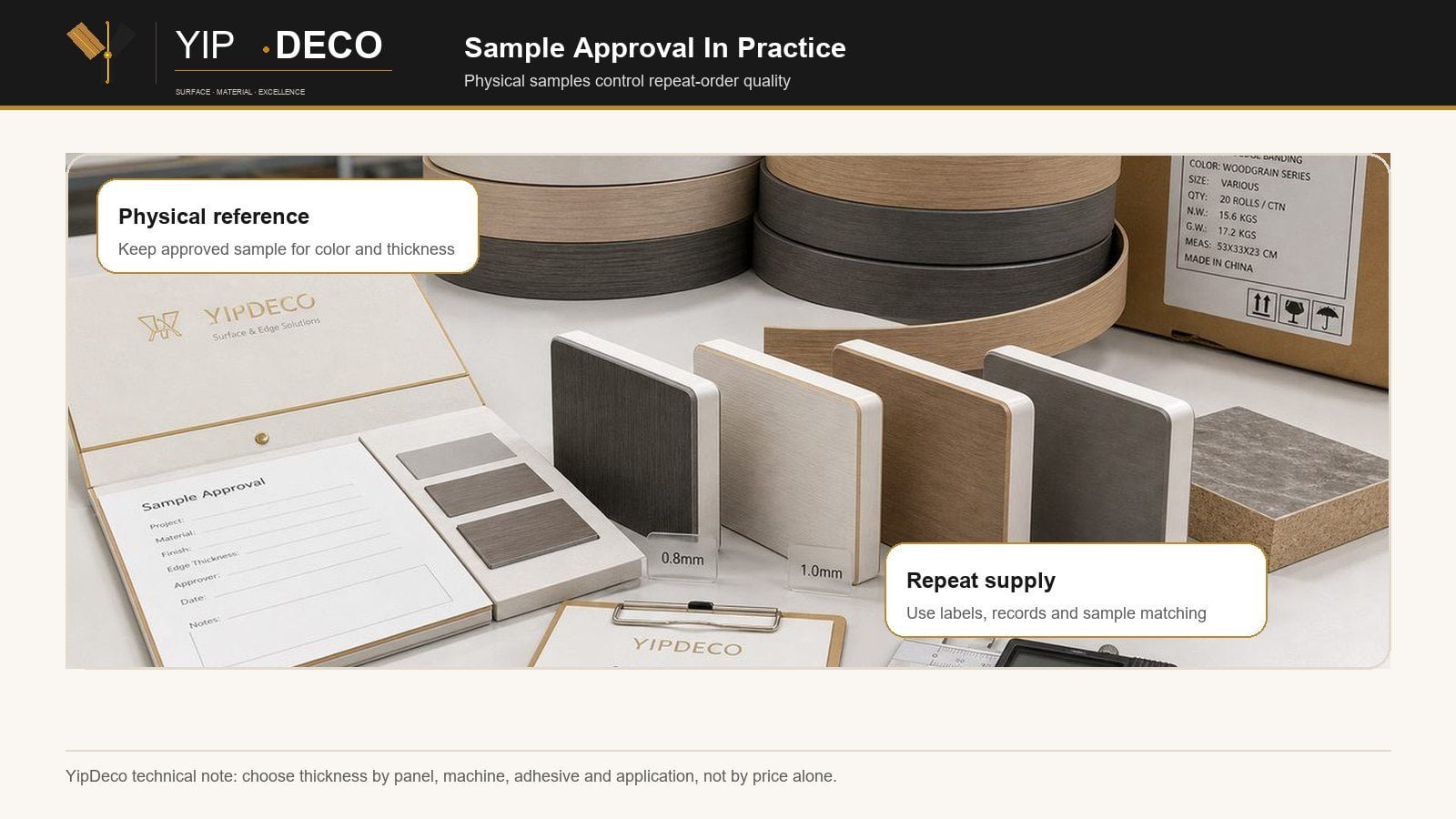 YipDeco real sample approval setup for edge banding thickness orders