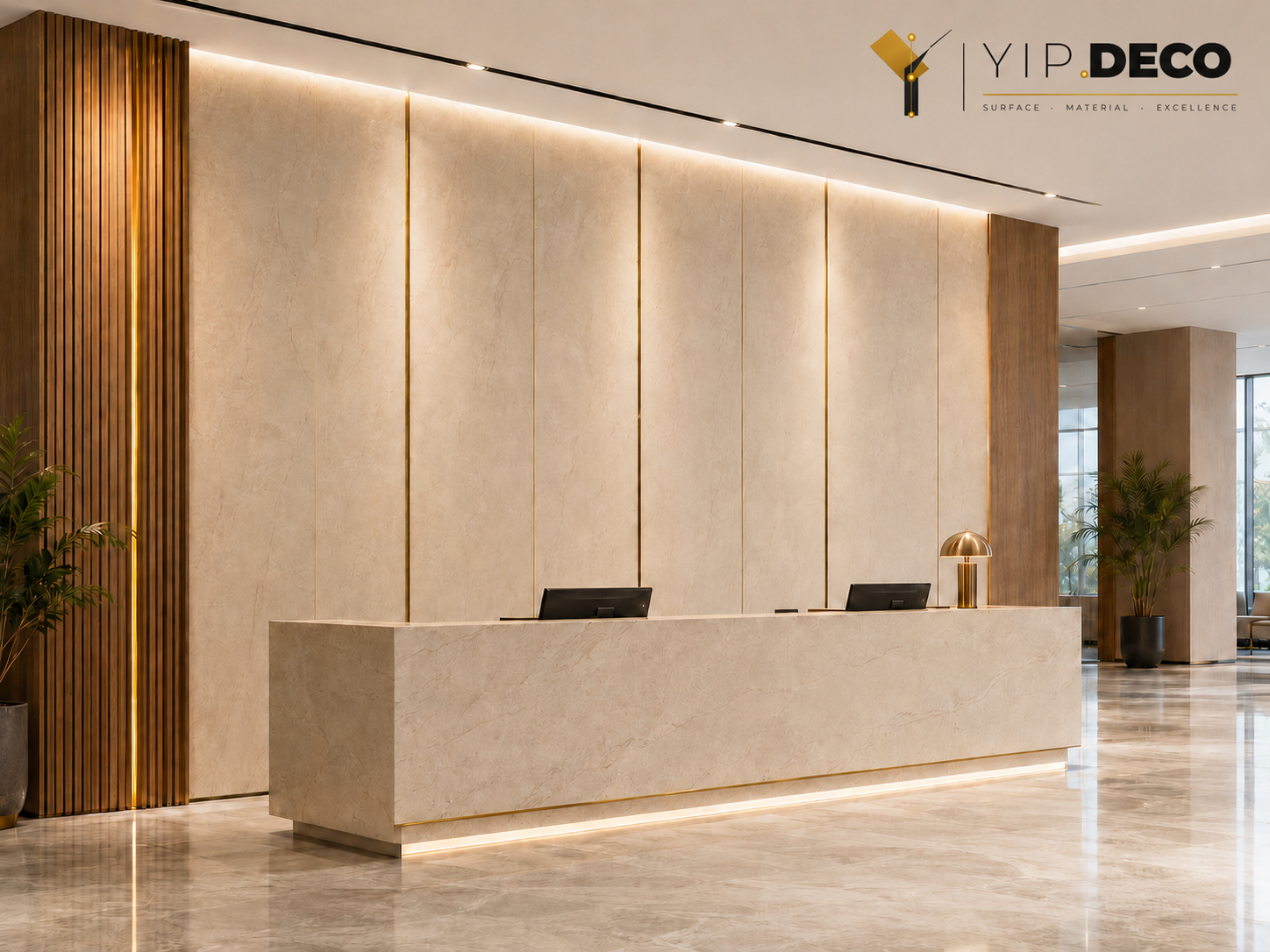 Hotel lobby with decorative wall panels and coordinated reception desk surfaces