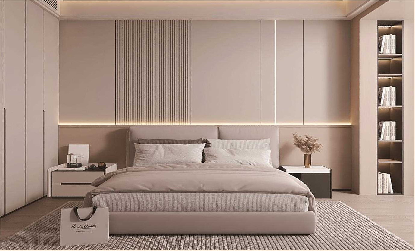 Bedroom headboard wall with fluted panels and matching corner moulding in matte finish