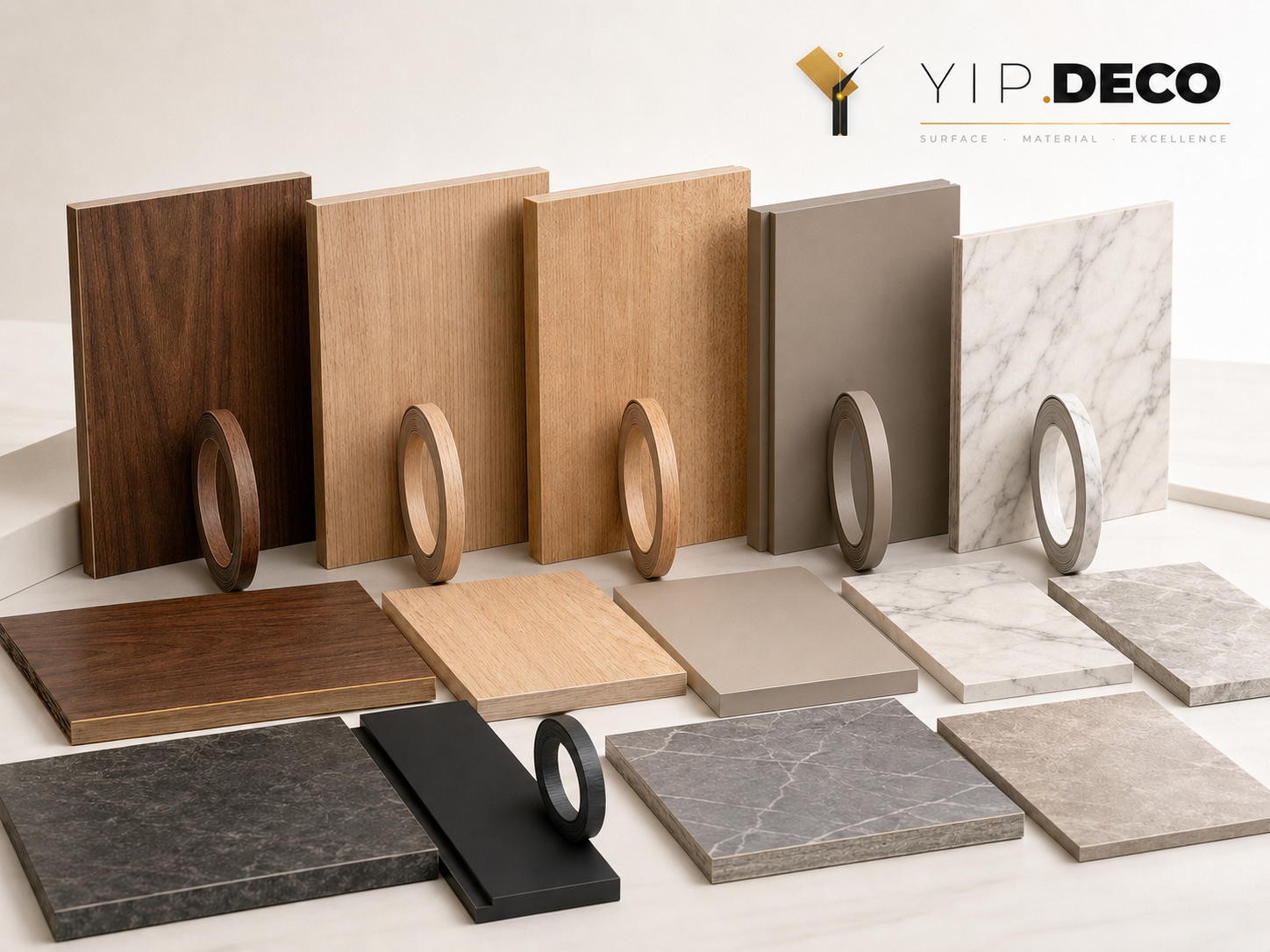 YipDeco color library showing matched surface foil, edge banding and panel samples arranged together