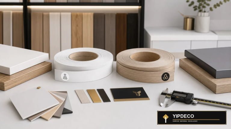 PVC vs ABS edge banding samples for furniture manufacturing with YIPDECO branding
