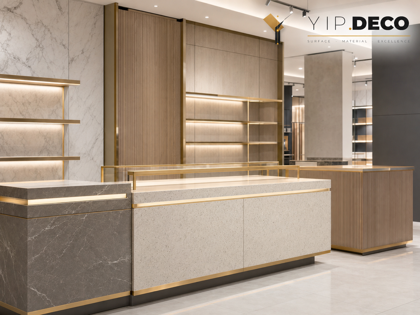 Retail store display fixtures with decorative surface materials