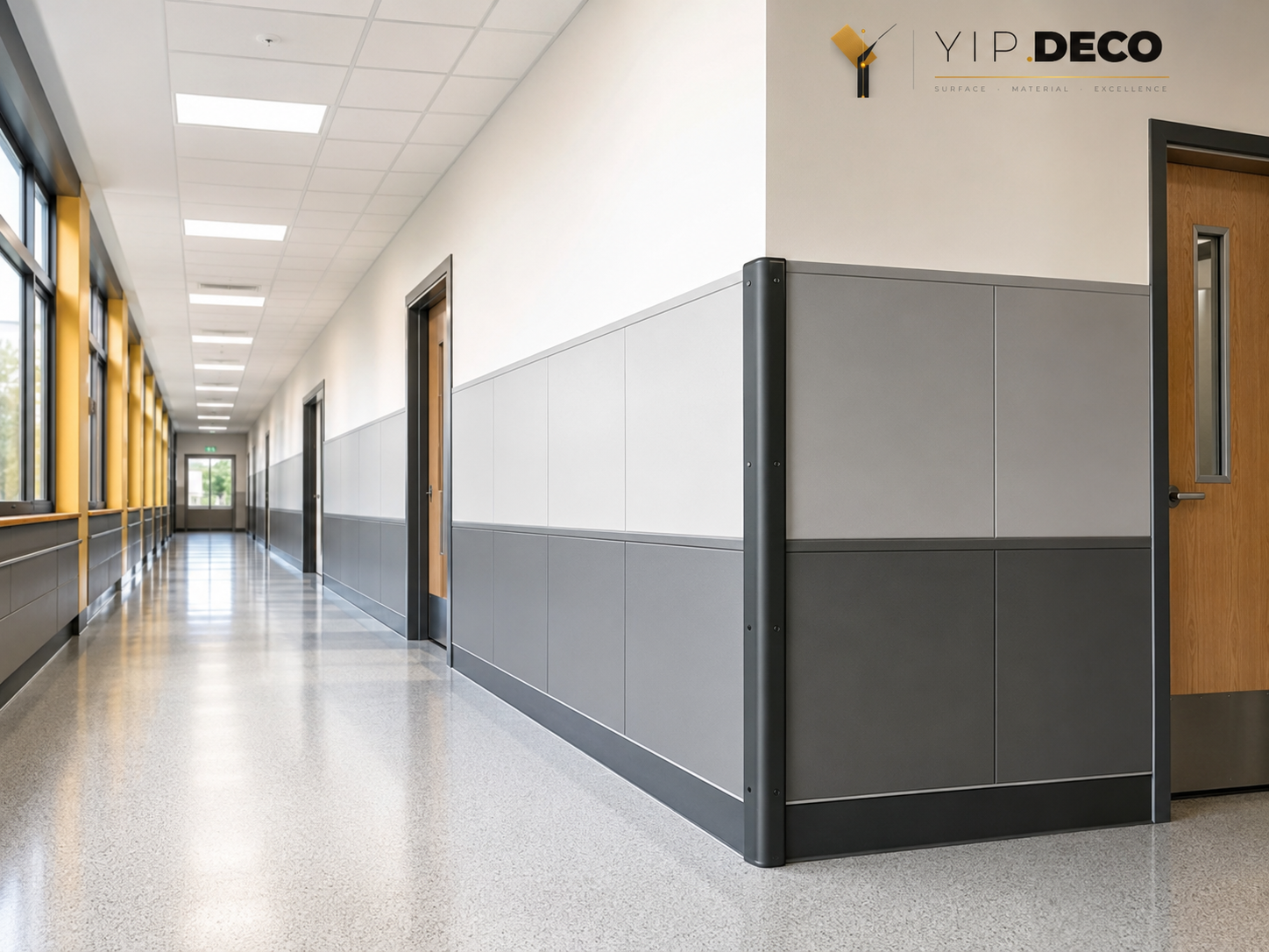 School corridor with anti-collision wall panels and protective corner profiles