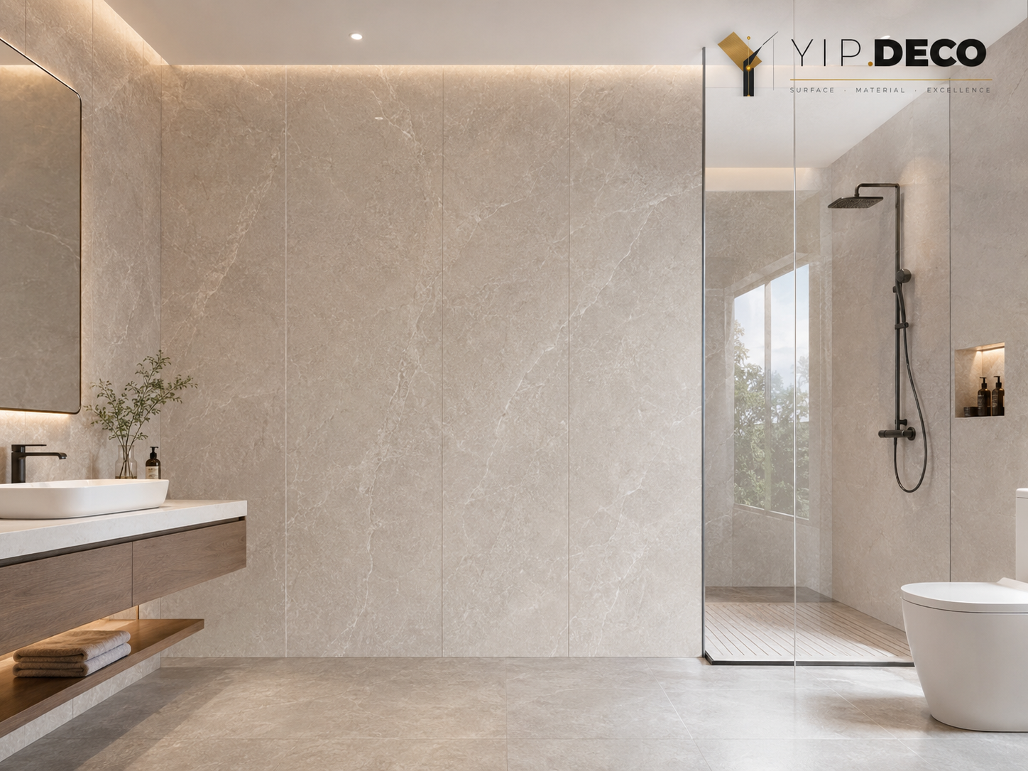 SPC waterproof wall panel with PET decorative face in bathroom setting