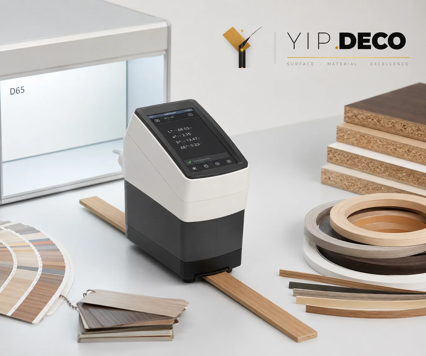 Spectrophotometer measuring edge banding color under D65 illuminant in YipDeco color lab