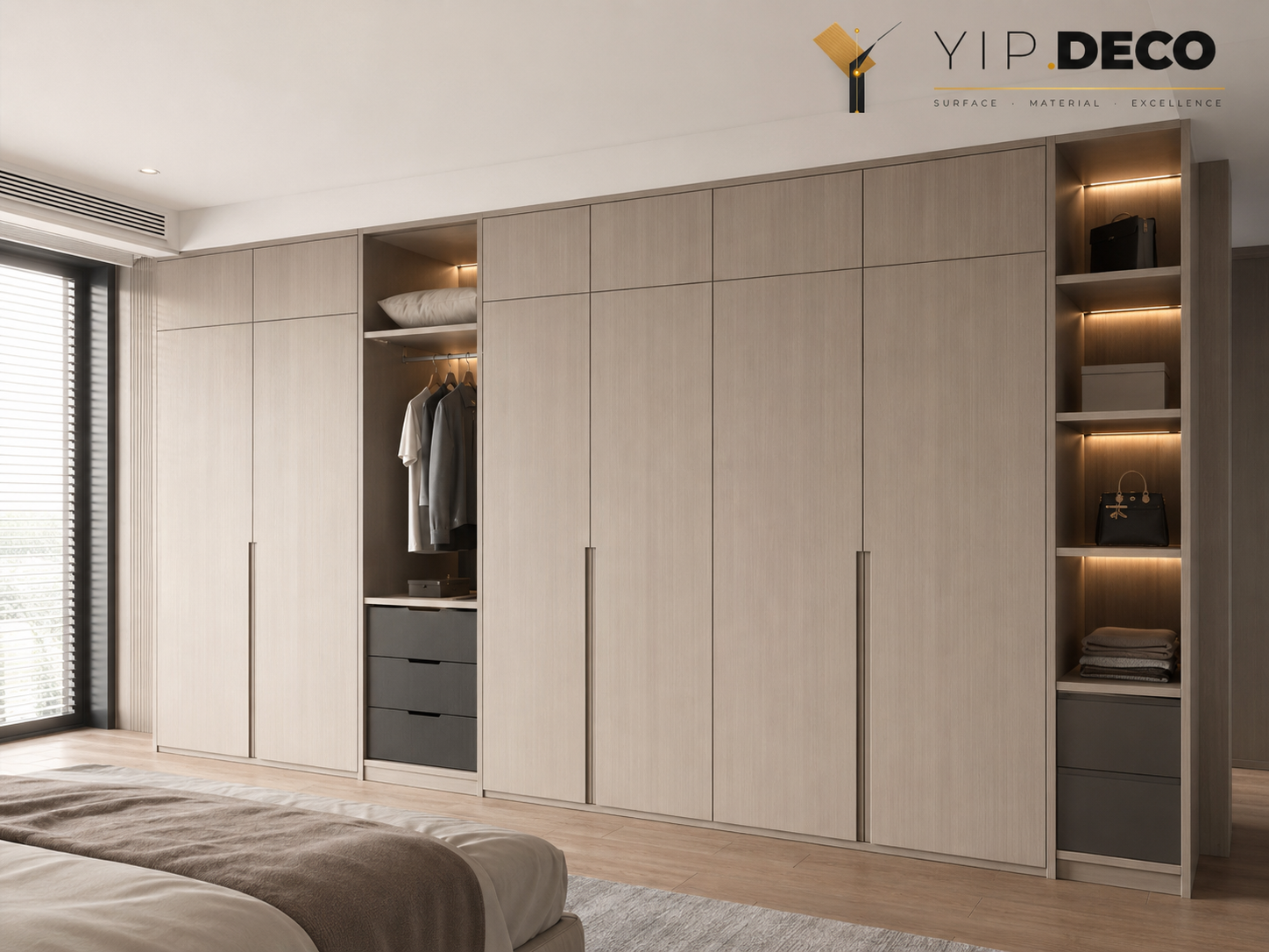 Built-in wardrobes with coordinated surface foil and edge banding