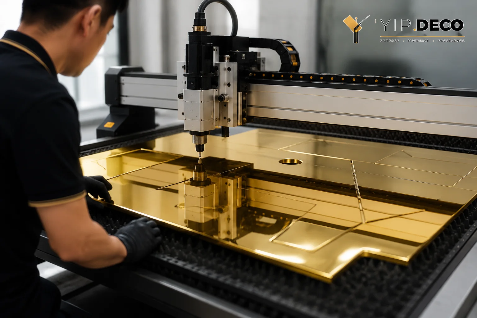 Fabricator CNC cutting a gold acrylic mirror sheet