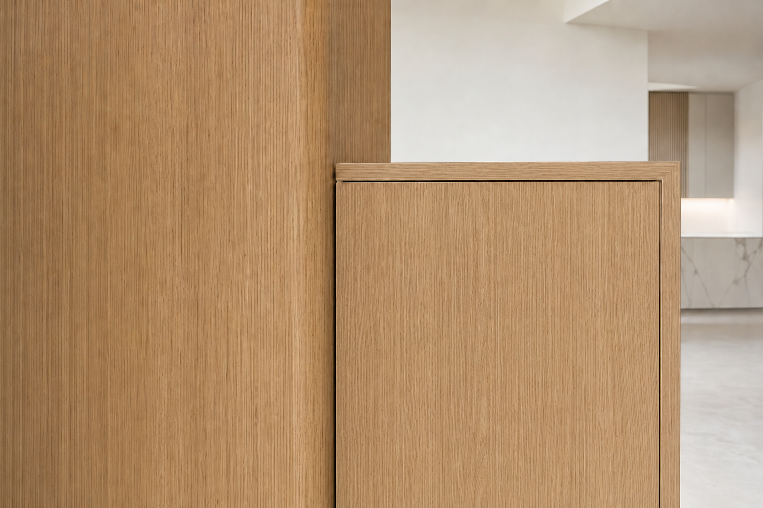 Wrapped wall and flat cabinet from two suppliers showing visible color deviation