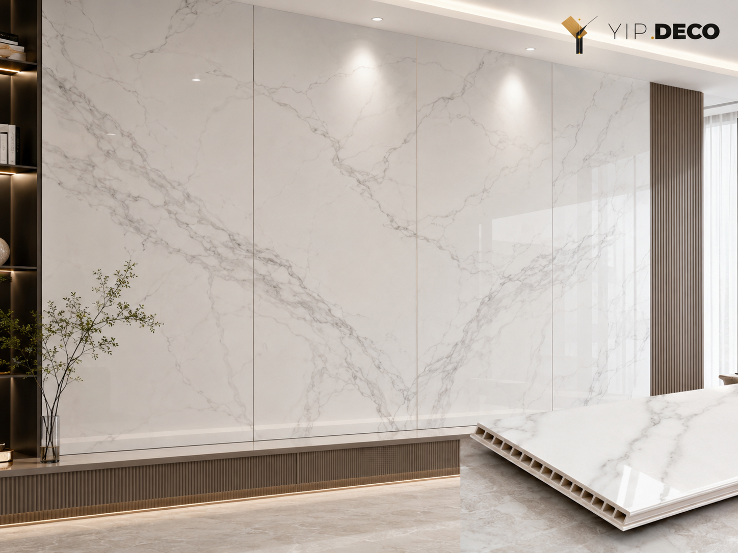 SPC wall panels with PET-faced decorative surface in continuous-grain finish