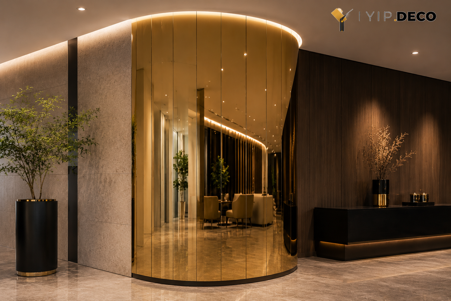 Curved thermoformed acrylic mirror panel on a feature column