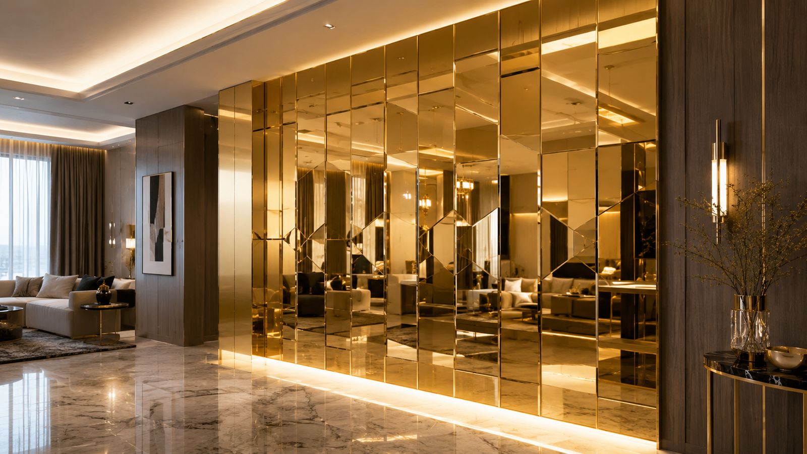 Gold acrylic mirror feature wall panel for luxury interiors