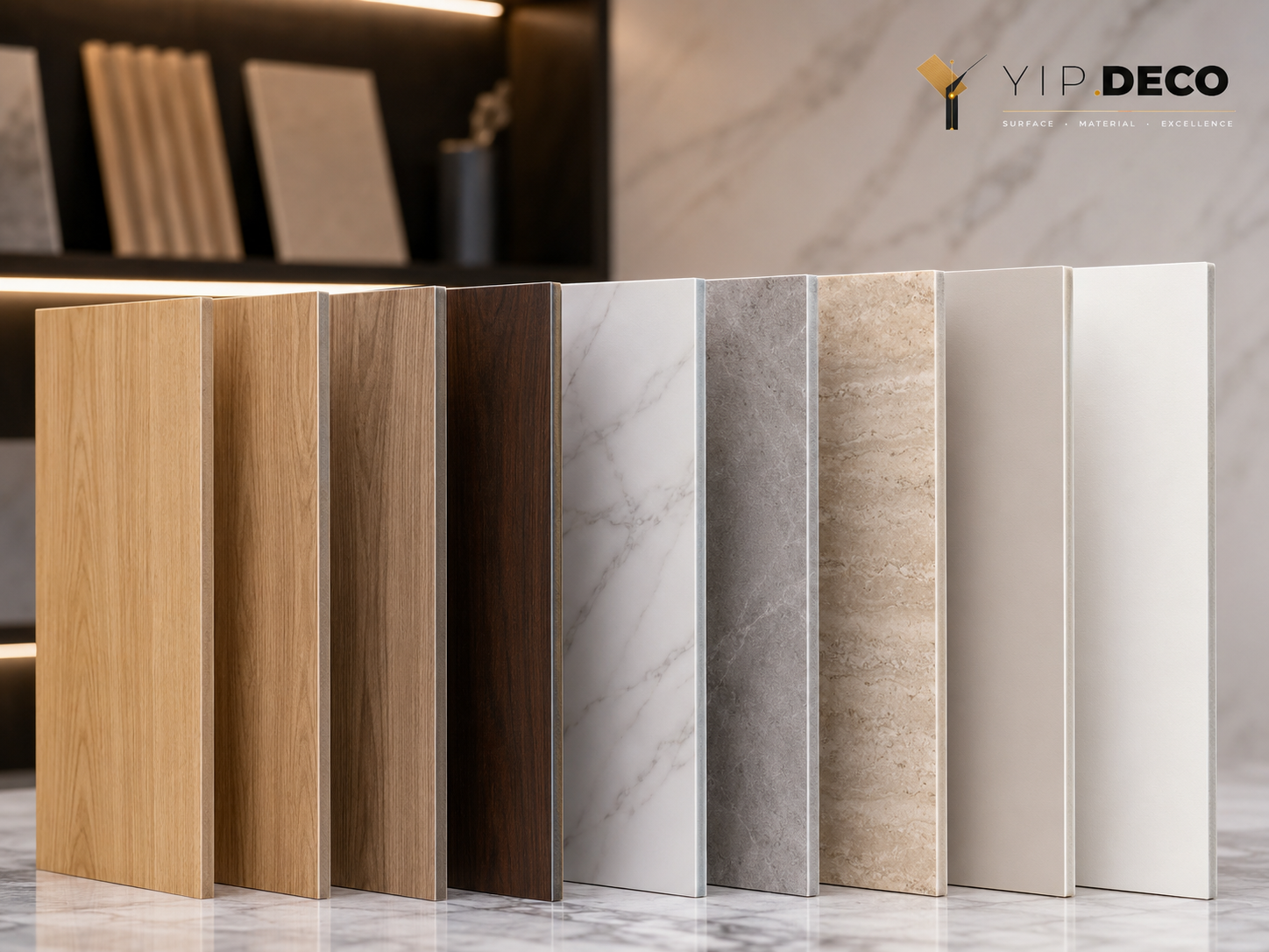 Range of SPC wall panel colors and wood and stone finishes shown as samples