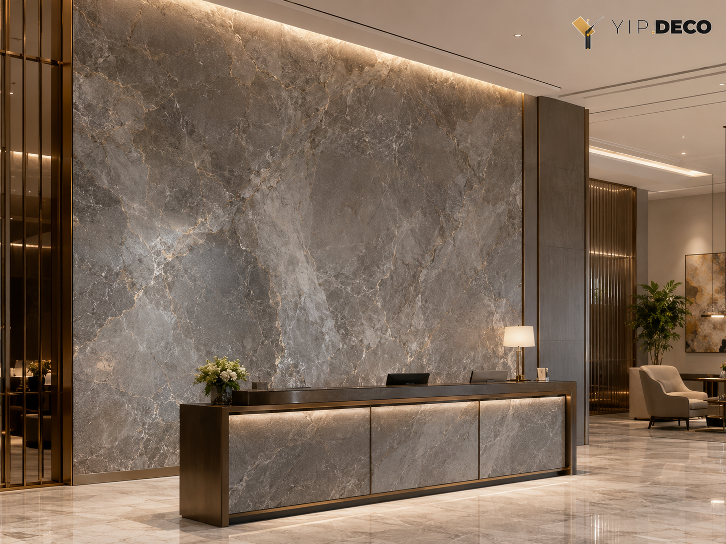 Continuous-grain SPC wall panel showing seamless wood pattern running across multiple panels on a large hospitality wall