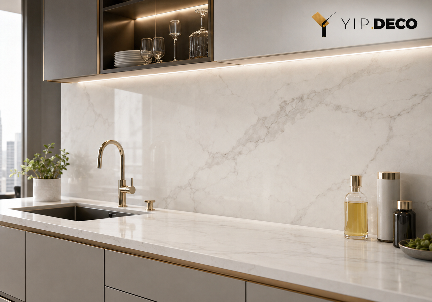 Waterproof carbon crystal panels on kitchen walls above countertops replacing traditional tile backsplash