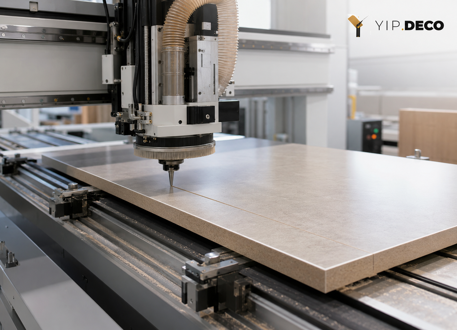 Finished laminated panel being precision-cut on a CNC machine with clean edges