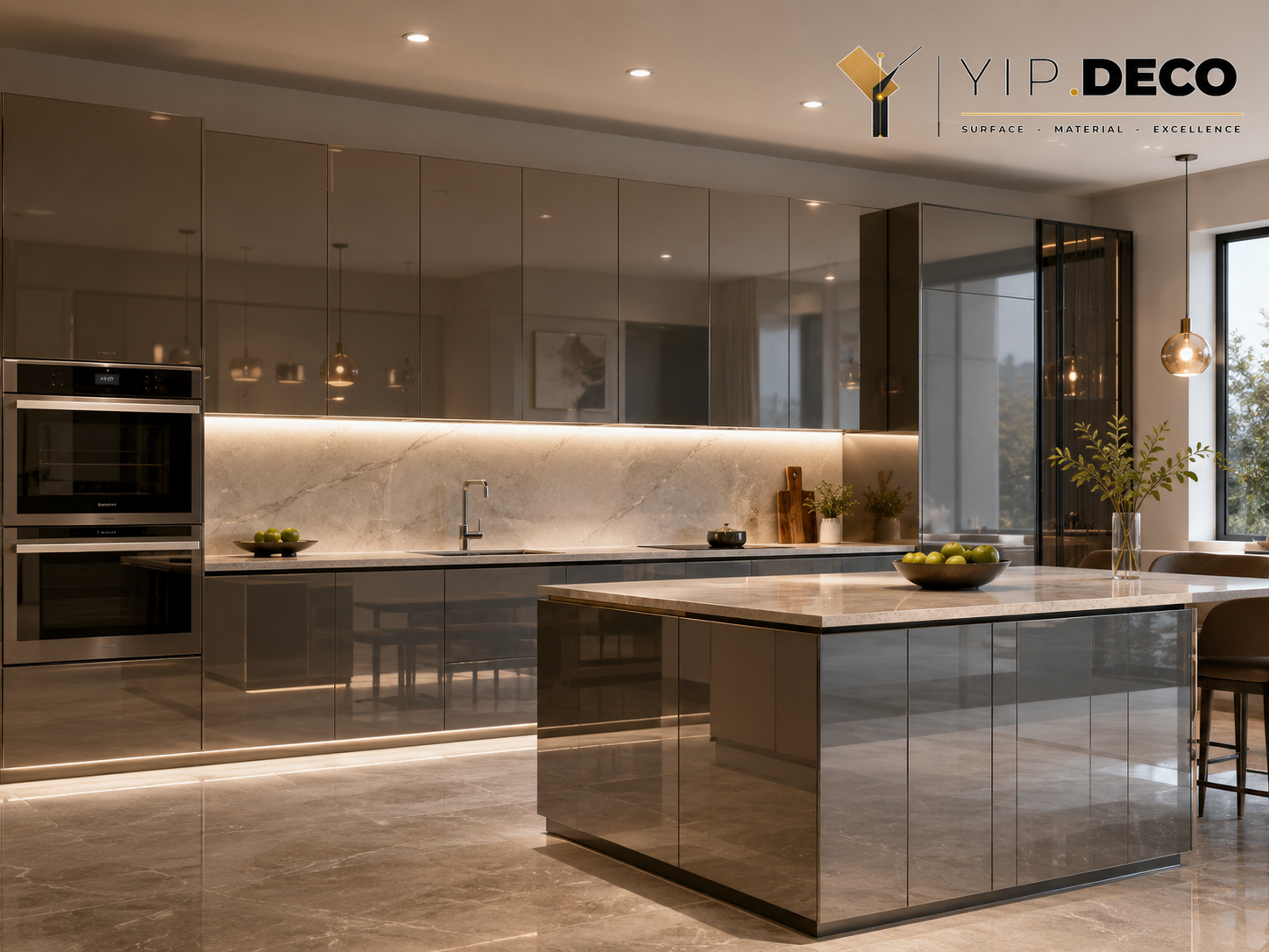 High-gloss acrylic mirror cabinet fronts in a designer kitchen
