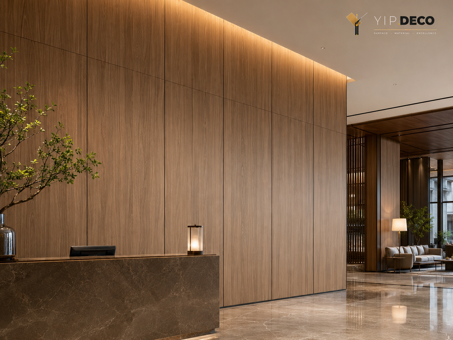 Continuous-grain SPC wall cladding in a hotel lobby with floor-to-ceiling wood-look panels