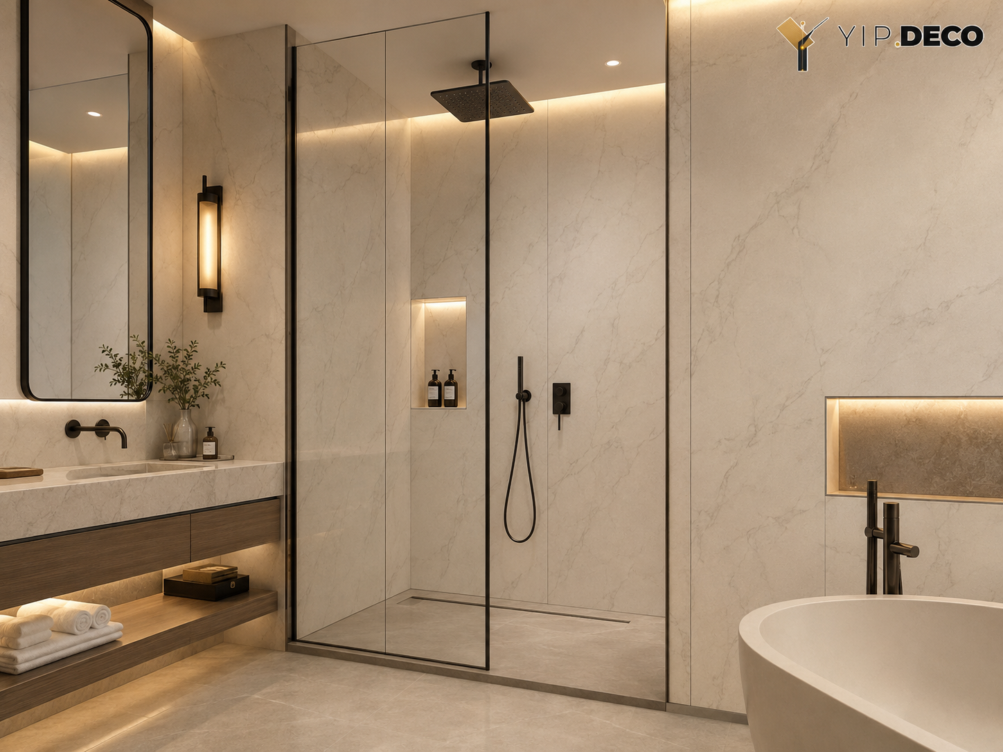 SPC wall panels in a hotel bathroom and spa wet-area project