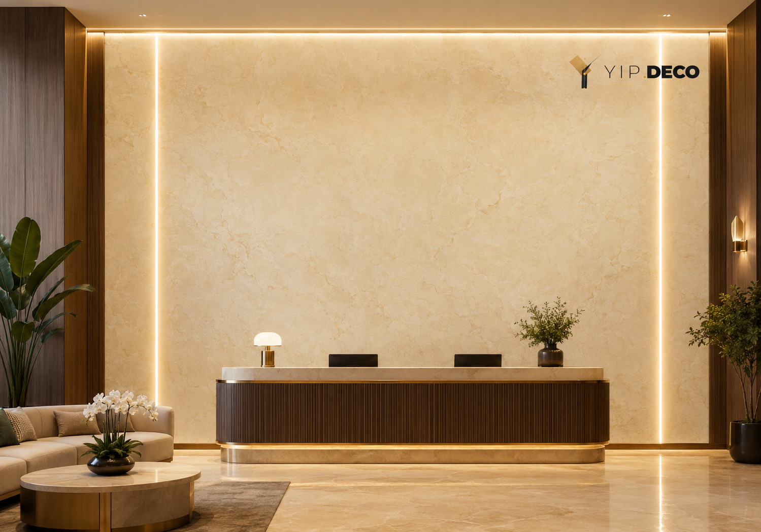 PVC flat panels installed in a hotel lobby with warm marble tones and integrated LED lighting