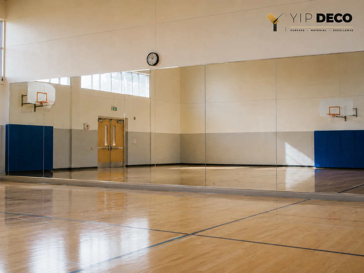 Shatter-resistant acrylic mirror surface in a school gym