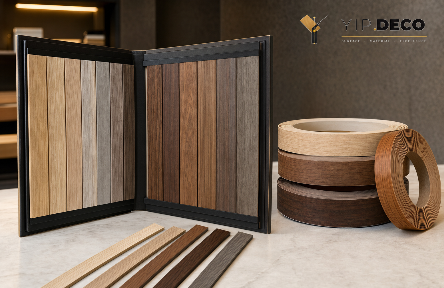 Wooden Grain PVC edge banding sample book -- featuring realistic oak, walnut, and teak wood texture finishes for furniture lamination