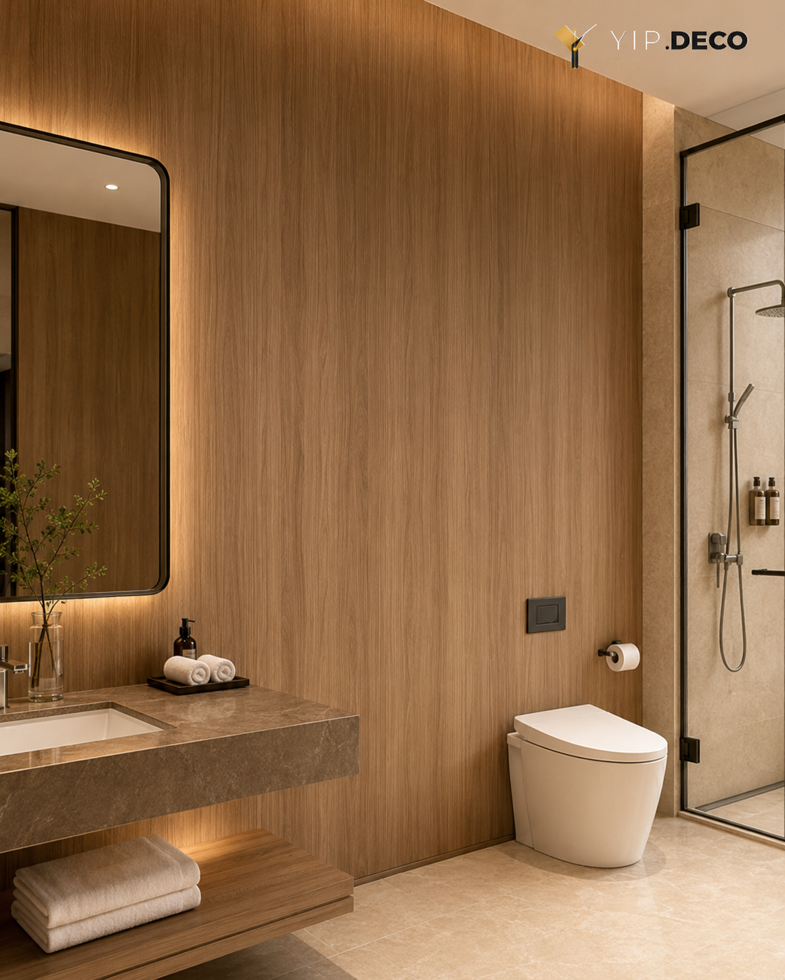 Continuous-grain SPC wall panel installed in a hospitality bathroom with seamless wood-look finish