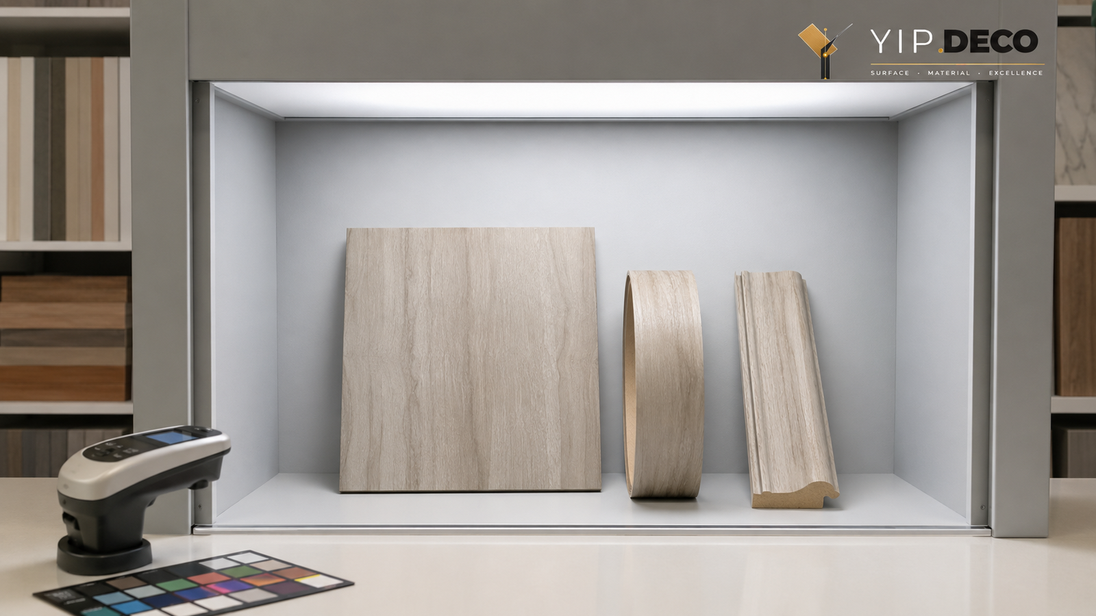 YipDeco color matching process -- panel, edge banding and moulding shown side by side under D65 light booth