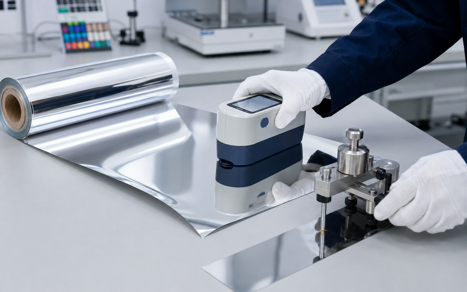 PET mirror foil gloss and scratch testing with measurement equipment